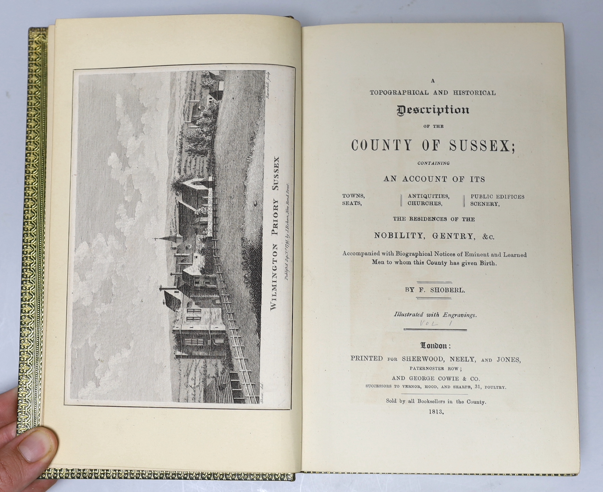 SUSSEX - Shoberl, Frederick - A Topological and Historical Description of the County of Sussex, 3 vols, extra illustrated from other works, 8vo, fine green morocco gilt by Lucien Broca, with marbled endpapers, with 6 map